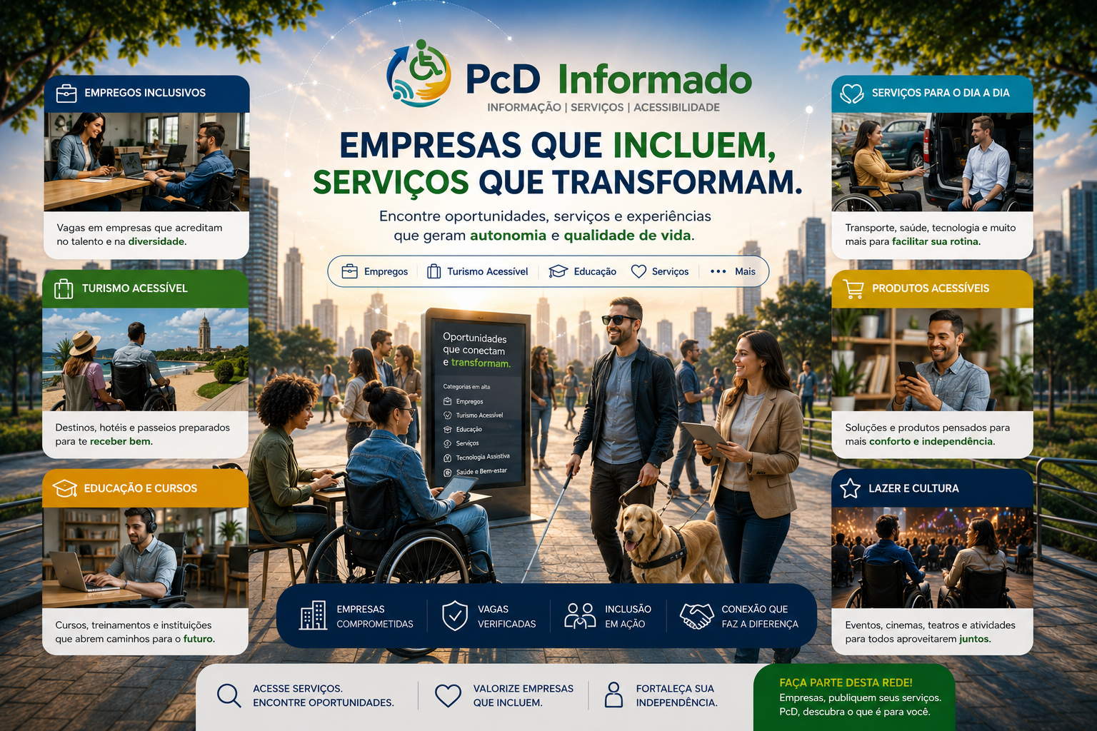 Empresas e organizações inclusivas oferecendo oportunidades de emprego para pessoas com deficiência.