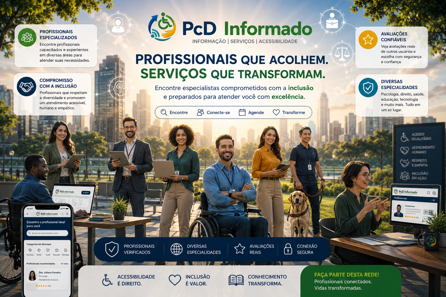 Profissionais especializados em acessibilidade e inclusão atendendo pessoas com deficiência.